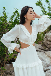Silk Maxi Dress with Cut-Out Waist and Ruffle Trim – Long Sleeve Romantic Beach Occasion Dress